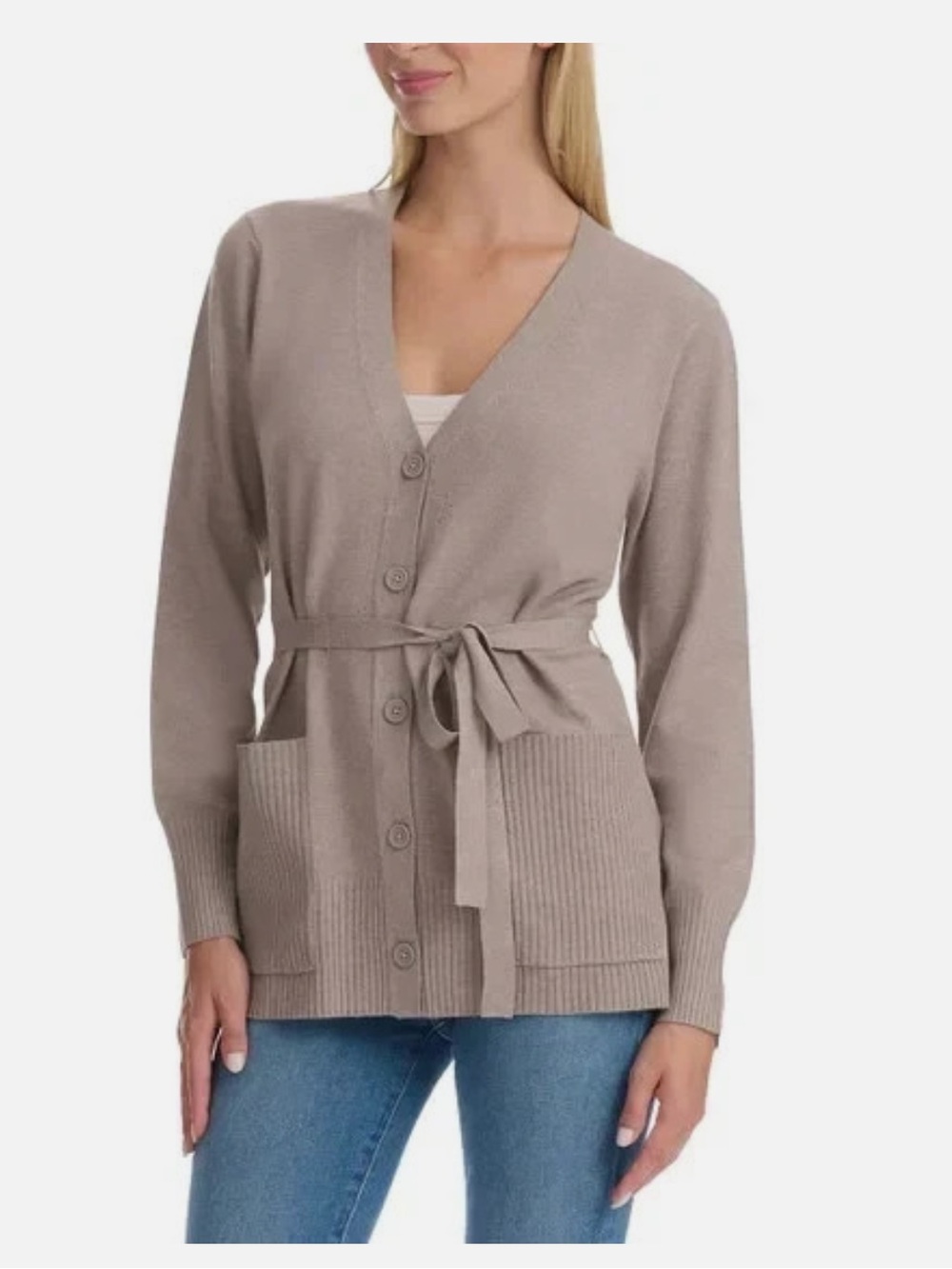 Splendid Taupe V-Neck Belted Button Cardigan Sweater